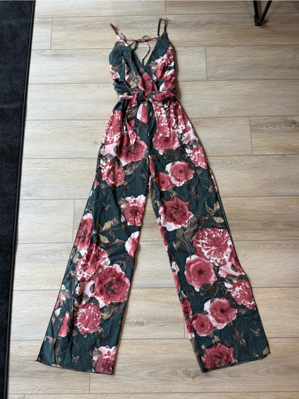 Windsor Floral Wrap-Front Jumpsuit in Dark Green and Rose